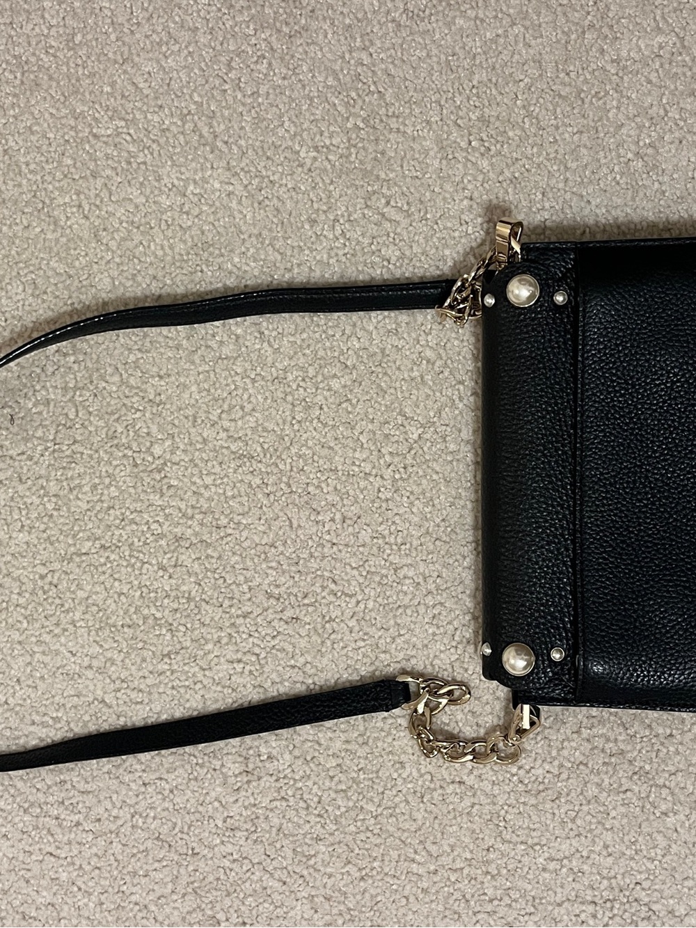 kate spade Black Leather Crossbody with Pearl Studs and Gold Chain
